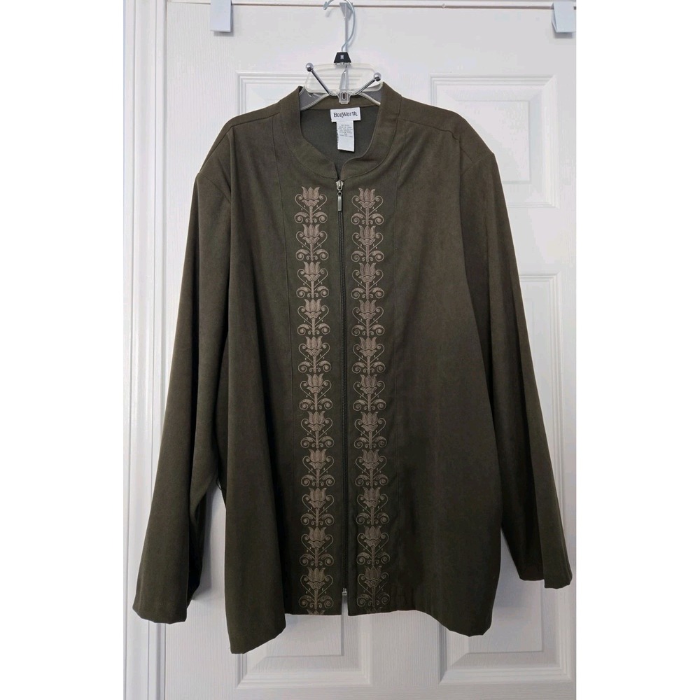 BonWorth Womans Faux Suede Embroidered Zipup Jacket Dark Olive Green